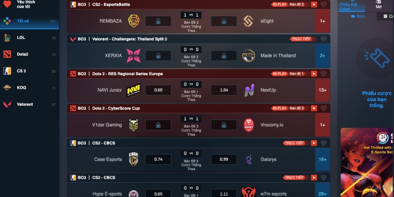 Thành viên có cơ hội cá cược cùng nhiều tựa game thể thao điện tử hấp dẫn